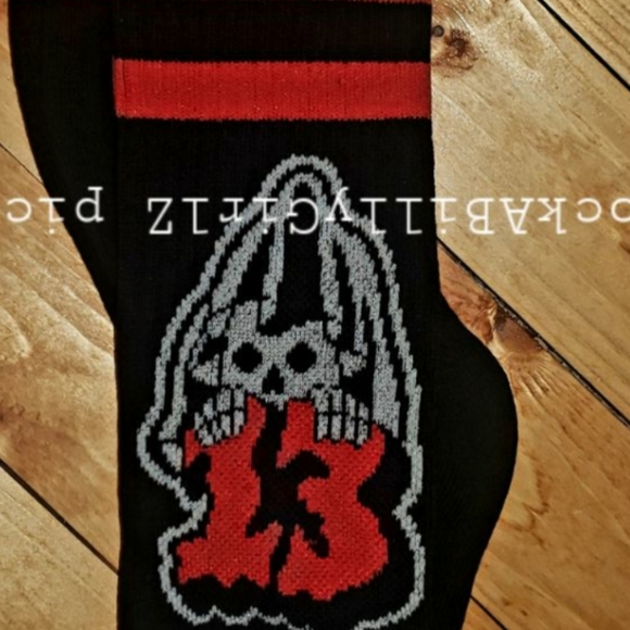 Sourpuss Grim Reaper Lucky 13 Vintage Tattoo Flash Red Double Stripe 16" Socks - Picture 6 of 6